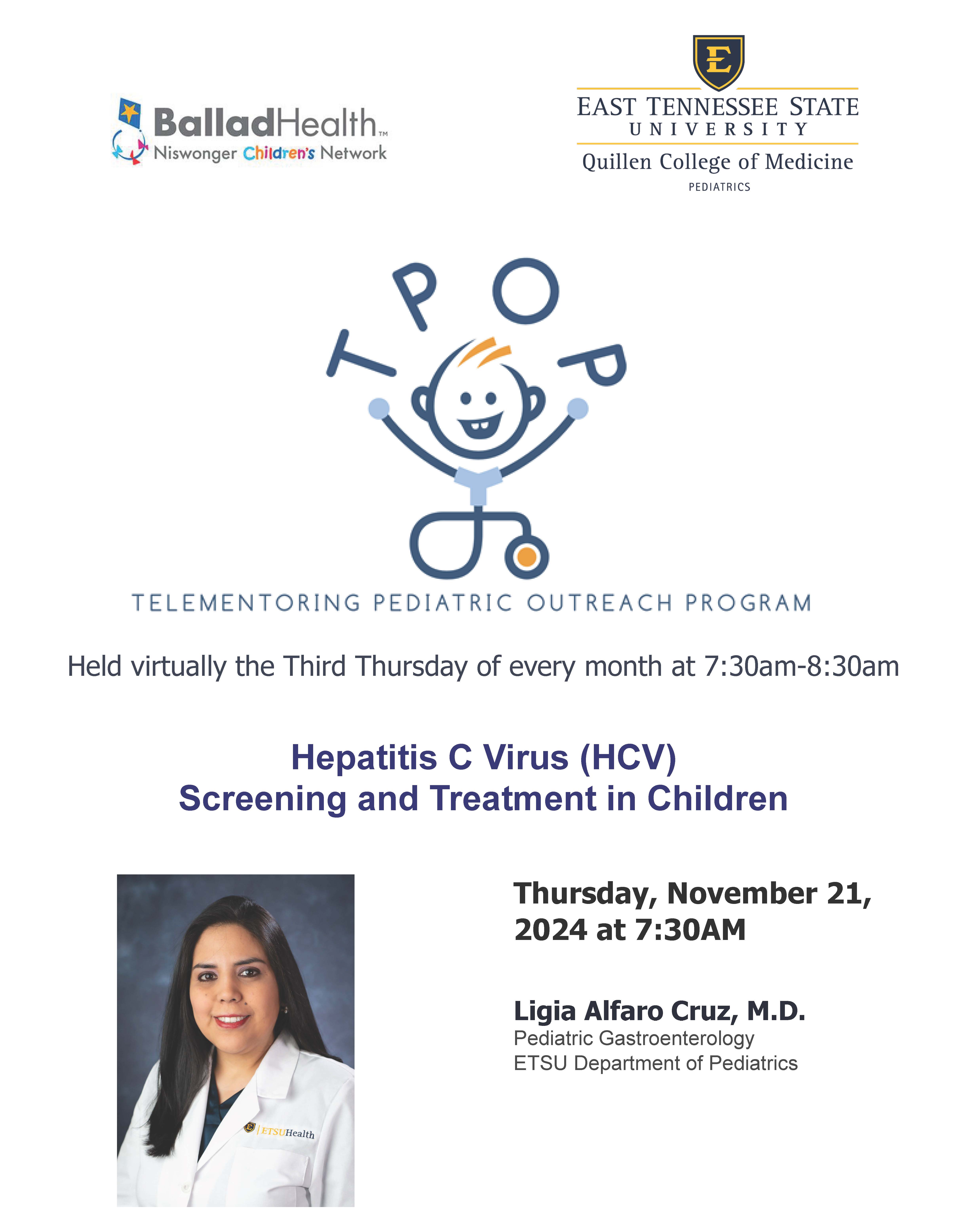 Telementoring Pediatric Outreach Program (TPOP) - Hepatitis C Virus (HCV) Screening & Treatment in Children 11/21/2024 Banner